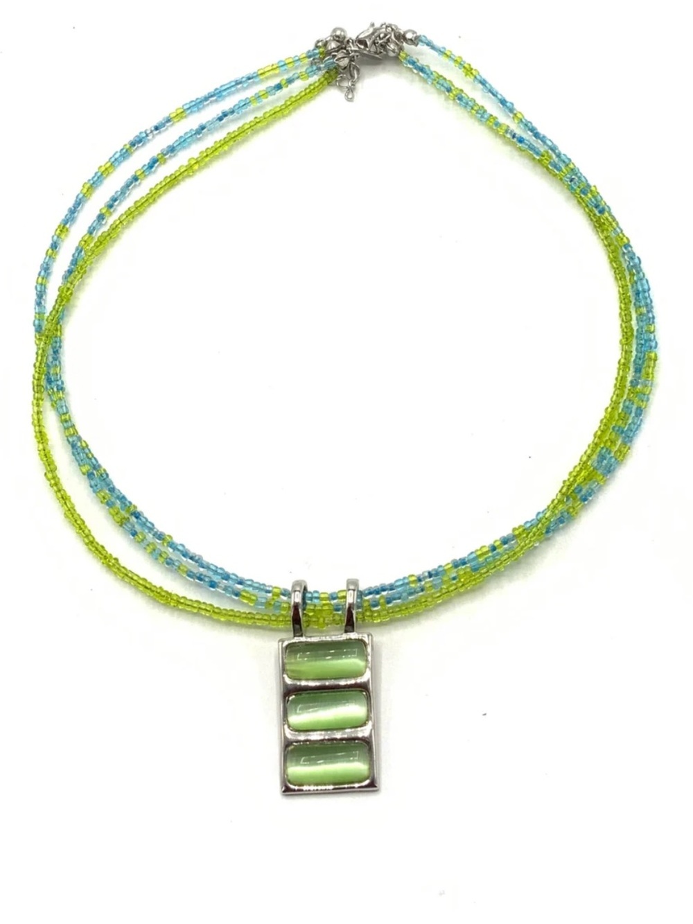 Lia Sophia Women’s 3 Strand Blue and Green Beaded Necklace Silver Green Pendant
